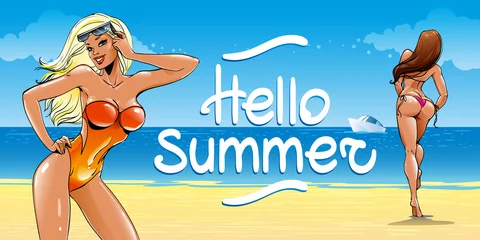 Foto op Plexiglas Beach by the ocean, yacht and sexy girls with athletic bodies in swimsuits. Brunette in a bikini with a beautiful booty walks on the sand. Travel Holiday poster, banner with Hello summer text, vector © kseniyaart