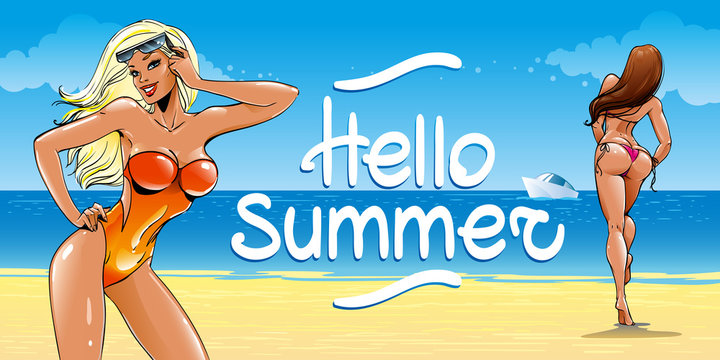 Beach by the ocean, yacht and sexy girls with athletic bodies in swimsuits. Brunette in a bikini with a beautiful booty walks on the sand. Travel Holiday poster, banner with Hello summer text, vector