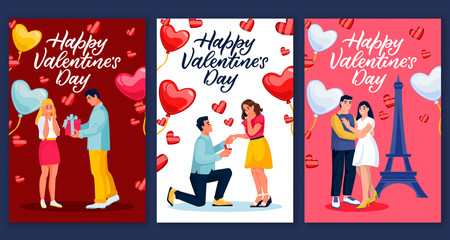 Valentines Day calligraphy lettering greeting gift cards or postcards. Vector illustration of love and romantic couples