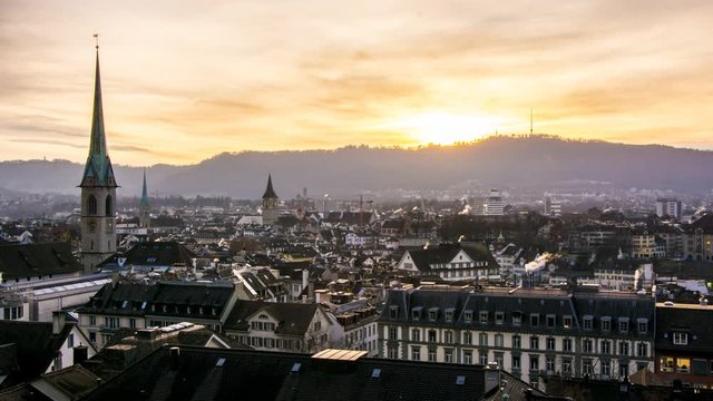 sunset timelapse over zurich city skyline uetliberg in winter