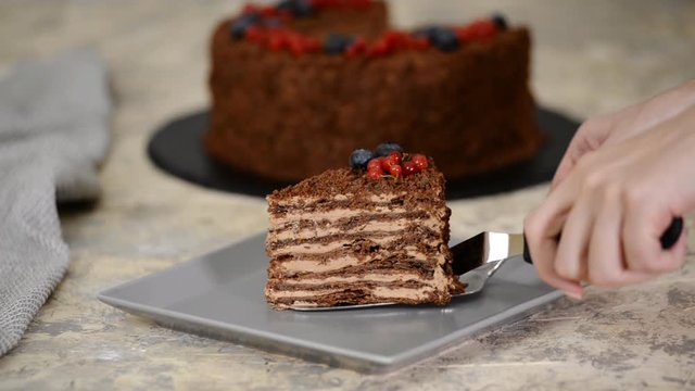 French Chocolate Napoleon cake of puff pastry with berries on a plate close-up.