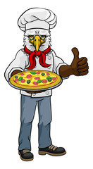 An eagle chef mascot cartoon character holding a pizza and giving a thumbs up