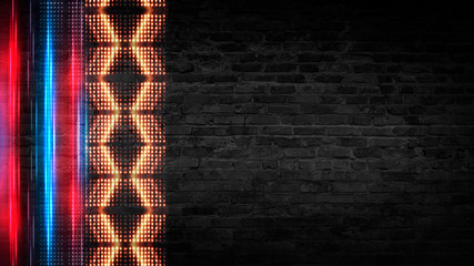 Old brick wall with neon lights. Neon shapes on brick wall background. Dark empty room with brick walls.