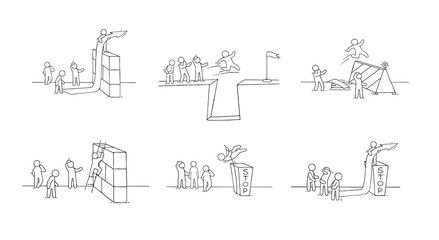 Sketch of little people with bariier. Doodle cartoon scene about overcoming the obstacle. Hand drawn vector illustration for business design.