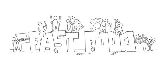 Cartoon set with little people and text Fast food