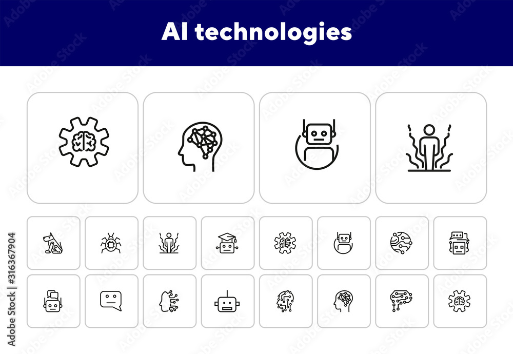 Poster ai technologies line icon set. circuit board, chat algorithm, cyber brain. artificial intelligence c