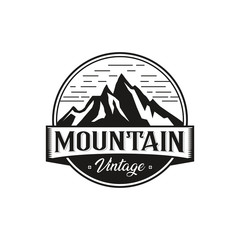 Mountains Logo Emblem, Outdoor Adventure Expedition Vector Illustration.