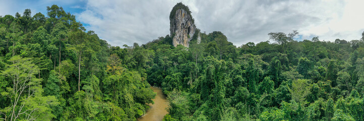 Aerial view of legendary Batu Punggul Pinnacle located at the middle of the virgin jungle Borneo Rainforest in Sapulut, Nabawan, Sabah.