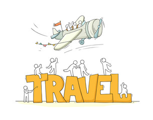 Sketch of little people fly on plane.