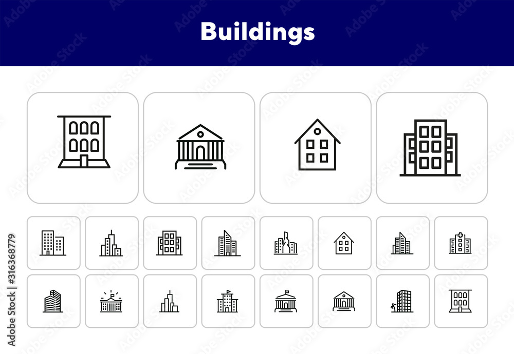 Sticker Buildings icons. Set of line icons on white background. Hospital, town house, museum, hotel. City concept. Vector illustration can be used for topics like urban life, architecture, construction