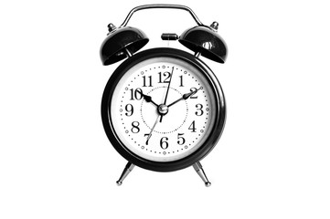 black round analog alarm clock isolated on white background. time 10:10. tinted in black gray color