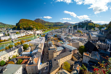 Naklejka premium beautiful panorama of Salzburg town with castle and Salzach river