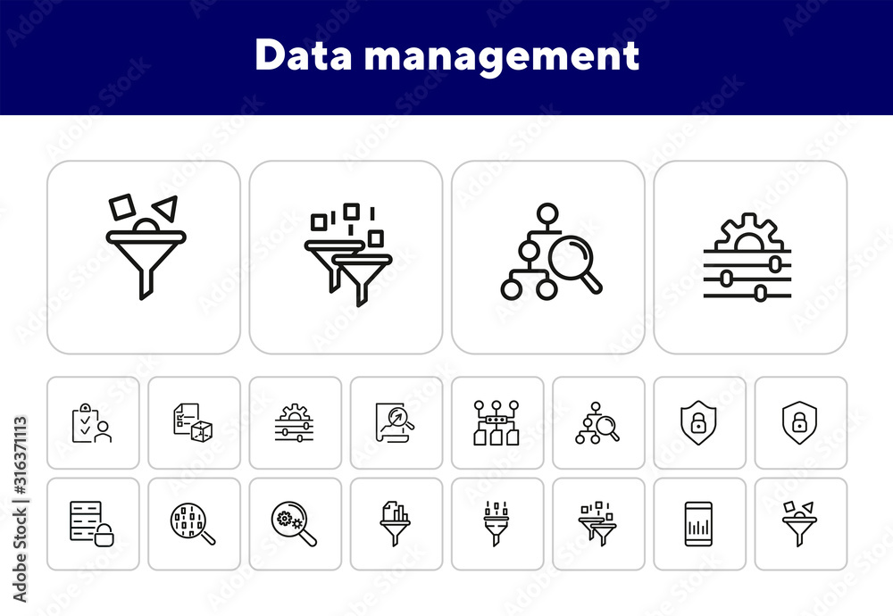 Poster data management line icon set. connection, technology, searching. database concept. can be used for 