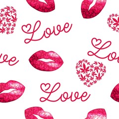Lips and heart with marijuana leaves seamless vector pattern.Valentine's day vector background
