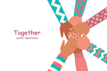 Obraz premium Together template landing page. Team building. Group people putting hands together. Symbol of cooperation, partnership, association, friendship, unity. Vector illustration flat colorful cartoon design