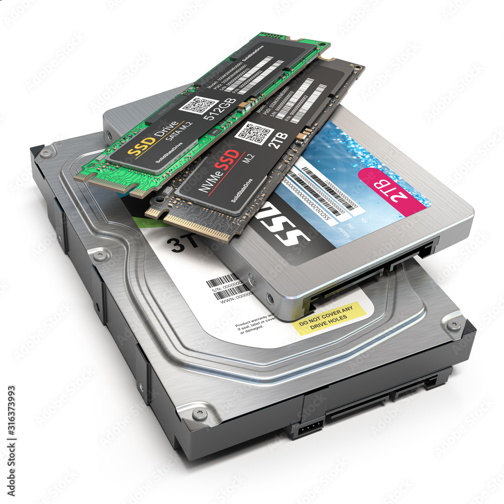 Poster Set of different data storage devices. Hdd, ssd and ssd m2 isolated on white background.