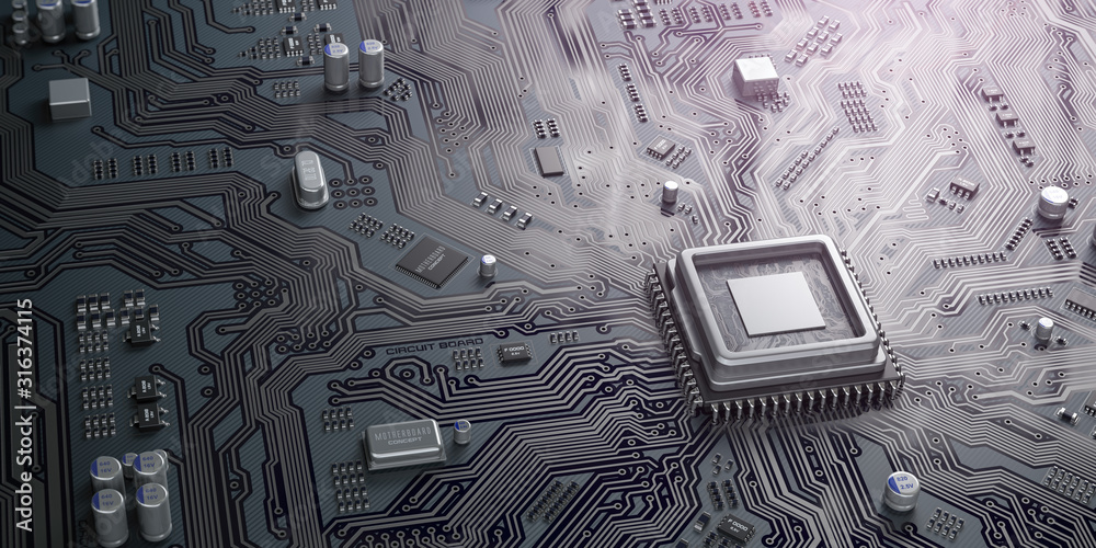Aufkleber pu chip on circuit board. black motherboard with central processor chip. computer hardware tecnology