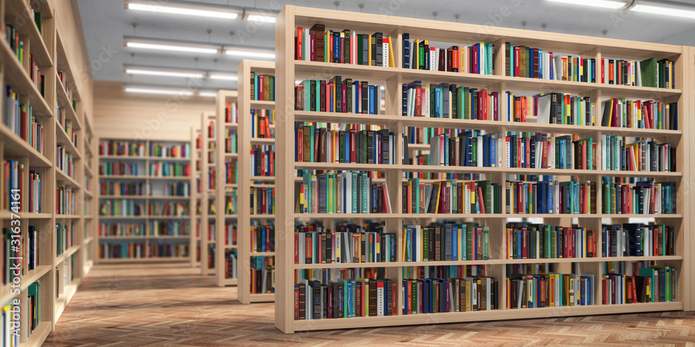 Poster library. bookshelves with books and textbooks. learning and education concept.