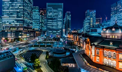 Schilderijen op glas 東京駅 丸の内 夜景 ~Tokyo Station And Buildings Night View~ © 拓也 神崎