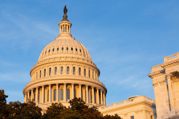 Washington DC Capitol golden light with blue sky background