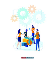 Trendy flat illustration. Office workers planing business mechanism, analyze business strategy and exchange ideas. Gear wheels. Teamwork concept. Template for your design works. Vector graphics.