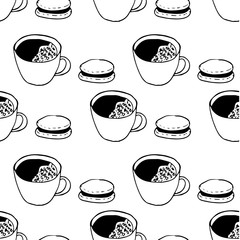 Vector illustration seamless pattern coffee cup with foam and cookies