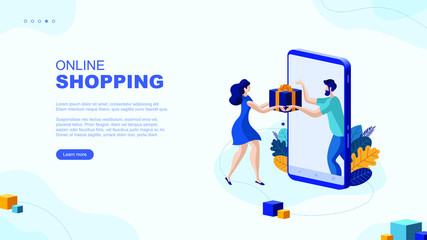 Trendy flat illustration. Online shopping page concept. Girl receives a gift from a smartphone. Online marketing concept. Customer feedback. Template for your design works. Vector graphics.