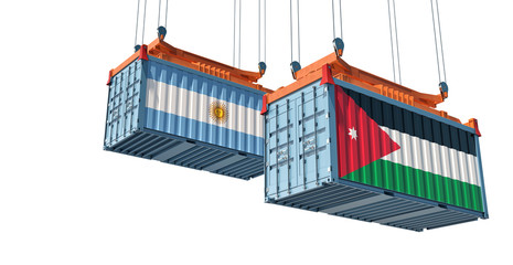 Freight container with Jordan and Argentina flag - isolated on white. 3D Rendering