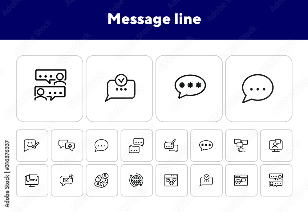 Poster Message line icons. Set of line icons on white background. Communication concept. Speech bubbles, chat, globe. Can be used for topics like internet, online communication, modern lifestyle