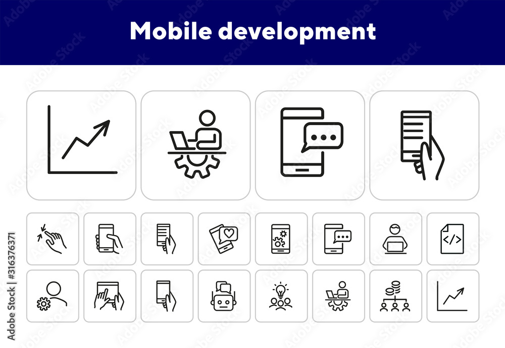 Poster mobile development line icon set. mobile phone, using digital tablet, technician. information techno
