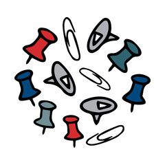 set of buttons, pins and paper clips in doodle style. Color vector illustration. Stationery for business and creativity