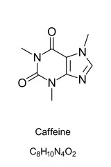 Caffeine molecule skeletal formula. 2D structure of C8H10N4O2, a methylxanthine alkaloid, also theine. Psychoactive drug in coffee, cola and tea. Structural formula. Illustration over white. Vector.