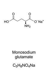 Monosodium glutamate molecule skeletal formula. 2D structure of C5H8NO4Na, sodium glutamate, used as flavor enhancer which intensifies the taste. Structural formula. Illustration over white. Vector.