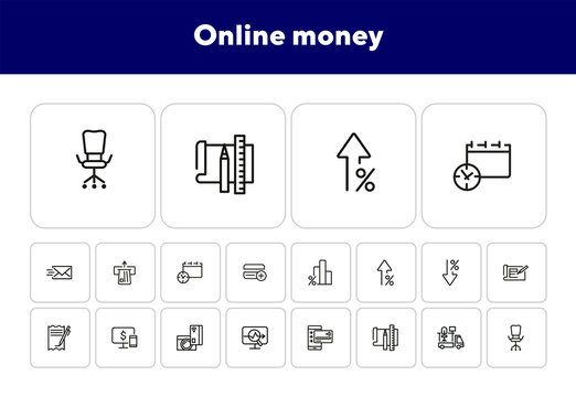 Online money line icon set. Percentage, interest, smartphone, credit card. Business concept. Can be used for topics like finance, loan, startup