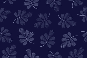 Art floral vector seamless pattern. Blue fluted leaves on twigs isolated on a dark blue background. Jacquard style. Endless pattern with leaves for wallpaper design, fabric, textile, digital paper.