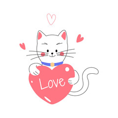 Little cute lovely white cat holding heart sign with love typography, celebrating Valentine's Day