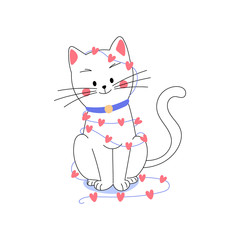 Adorable lovely cute  little white cat with little hearts wrapped around, celebrating Valentine's Day