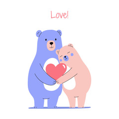 Cute bear couple hugging each other, holding heart sign, celebrating Valentine's Day