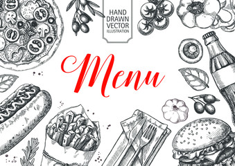 Template of fast food menu design with burger, pizza, hot dog, drinks and other fast food menu items. Cover of restaurant or cafe menu design
