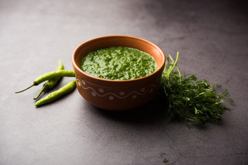 Fototapeta na wymiar Kothimbir or Dhaniya Chutney made using Cilantro or coriander with chilli, served in a bowl. selective focus