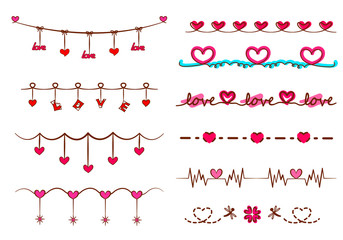 Valentine's Day and Wedding set:Doodle hand drawn  ,hearts,ornamental elements for vector brush,design template,card vector.Outline kit.