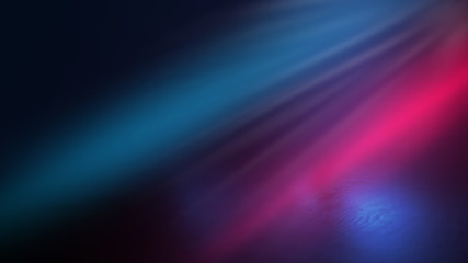Empty background scene. Spotlight light reflection on asphalt. Rays of neon light in the dark, neon shapes, smoke. Background of an empty stage show. Abstract blue dark background.
