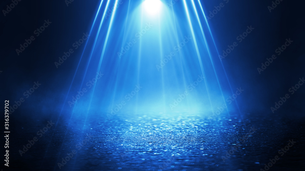 Fototapete empty background scene. spotlight light reflection on asphalt. rays of neon light in the dark, neon 