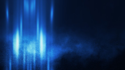 Obraz premium Empty background scene. Spotlight light reflection on asphalt. Rays of neon light in the dark, neon shapes, smoke. Background of an empty stage show. Abstract blue dark background.