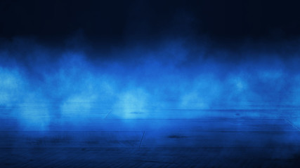 Empty background scene. Spotlight light reflection on asphalt. Rays of neon light in the dark, neon shapes, smoke. Background of an empty stage show. Abstract blue dark background.