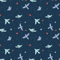 Beautiful seamless pattern with cute hand drawn blue birds and red stars. Baby stock illustration.