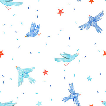 Beautiful seamless pattern with cute hand drawn blue birds and red stars. Baby stock illustration.