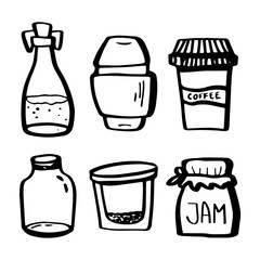 Eco set. Reusable jars of food storage containers in doodle style isolated on white background.