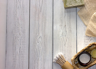 Natural body care. Zero waste concept. Natural soap, bamboo ear sticks, cotton washcloth. Copyspace for text.