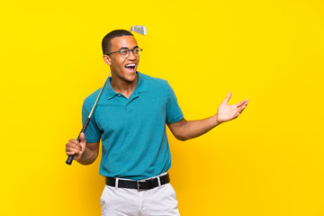 African American golfer player man with surprise facial expression